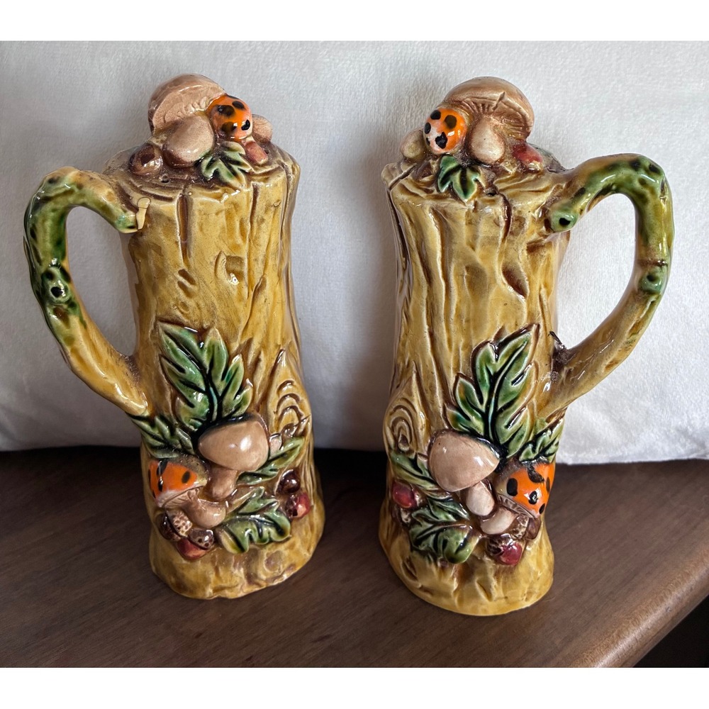 Vintage Lefton Mushroom Log Salt and Pepper Shakers Japan 6355 Woodland